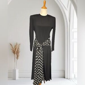 NWTS Vintage Bonnie Marx Black Dress With Polka dot Waist Ties Size 6